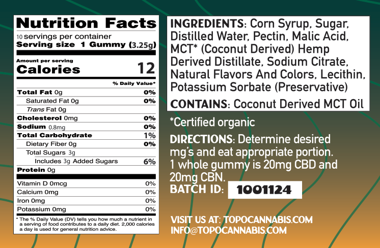 Topo Cannabis Gummies 20mg CBD / 20mg CBG - Mixed Fruit Nutrition Facts Label