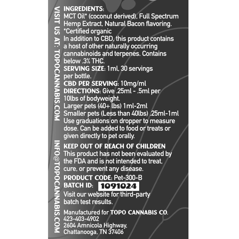 Topo's Pet Tincture w/ Full Spectrum Hemp Extract 300mg/1oz Ingredient label