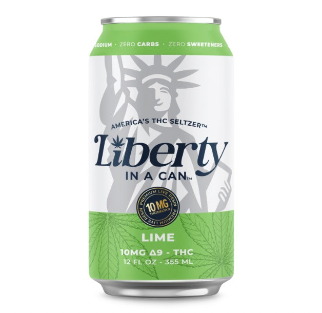 Can of 'Liberty in a Can' lime 10mg THC seltzer with Statue of Liberty design on a white background