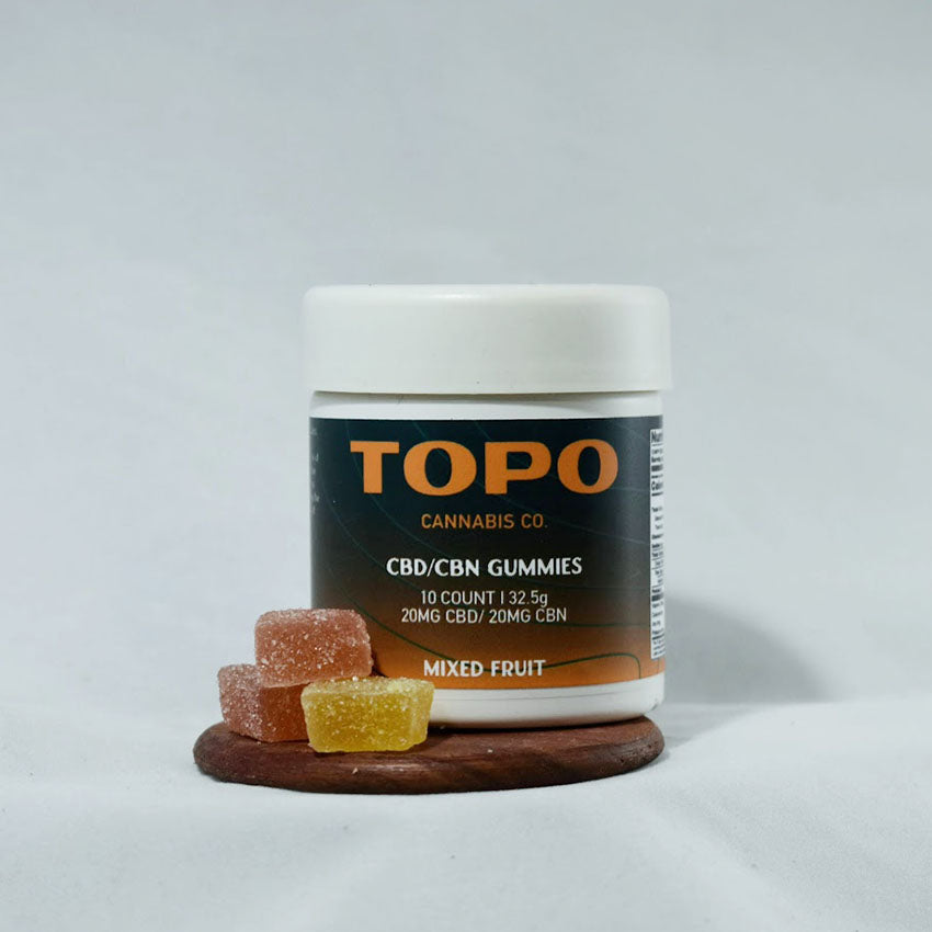 Topo Cannabis mixed fruit gummies with CBD and CBN to promote relaxation, restful sleep, and overall well-being
