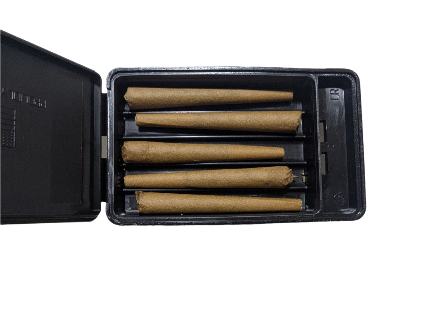 Topo Cannabis Open pre-roll 5-pack black container with rolled joints on a white surface