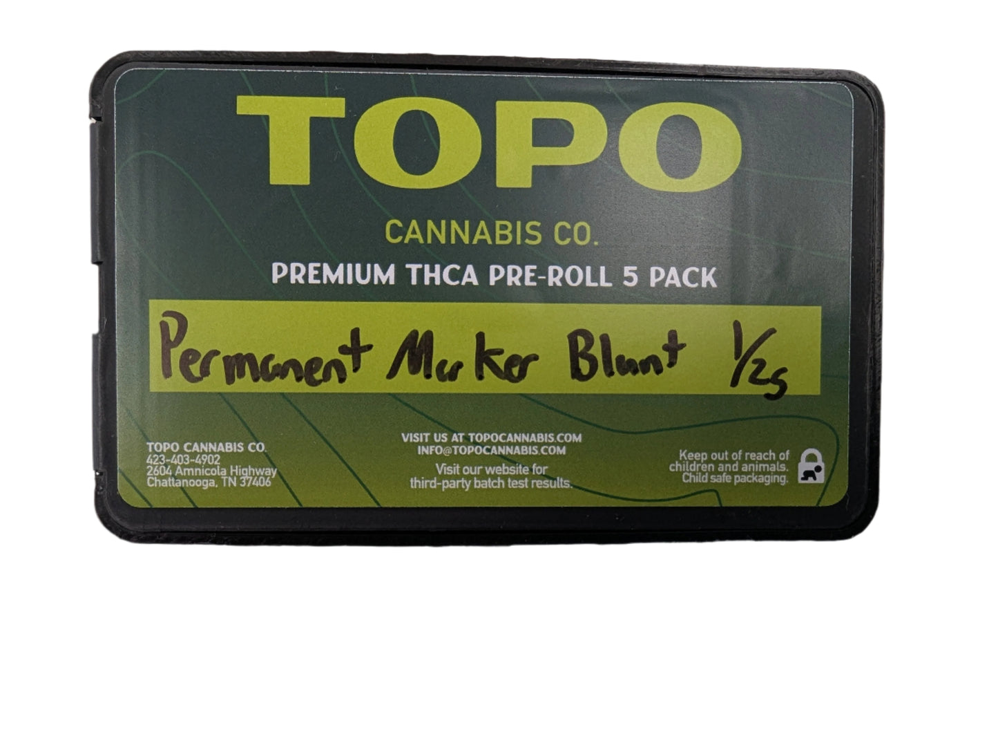 Topo Cannabis Co. pre-roll Permanent Marker 5-pack packaging on a shelf