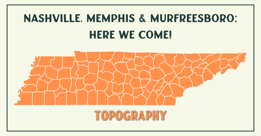 A map of Tennessee counties with the text "Nashville, Memphis & Murfreesboro: Here We Come!" above it and "Topography" below it.