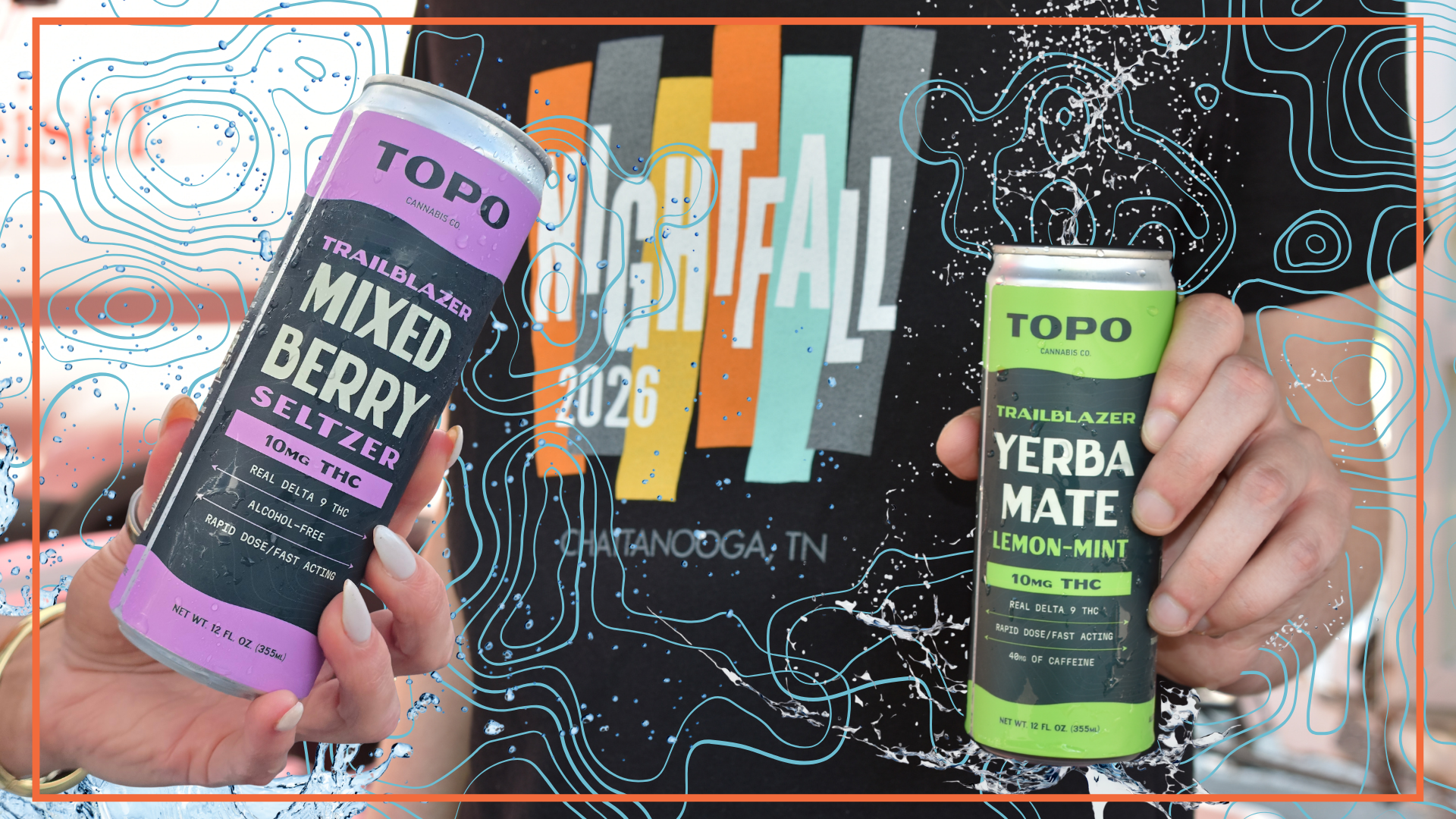 Two hands holding cans of TOPO Trailblazed beverages in front of a branded backdrop. The left can is Purple Berry Mixed Berry with a purple label, and the right can is Yerba Mate Lemon-Mint with a green label.