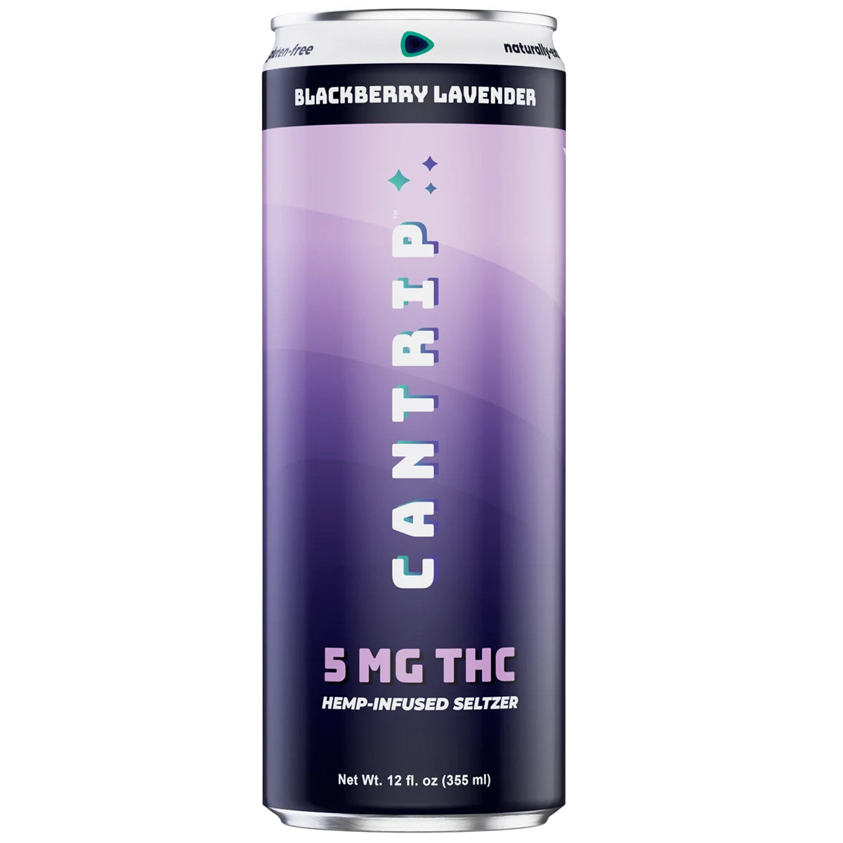 A can of Cantrip Blackberry Lavender 5mg THC with a purple and black color scheme and text indicating the flavor and THC content.