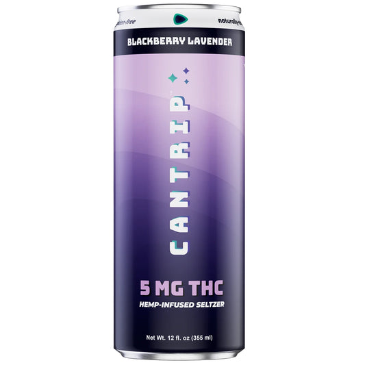 A can of Cantrip Blackberry Lavender 5mg THC with a purple and black color scheme and text indicating the flavor and THC content.