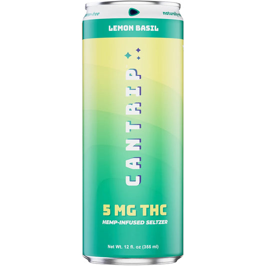 A can of Cantrip Lemon Basil 5mg THC seltzer, with a yellow and green color scheme and the product name clearly displayed.