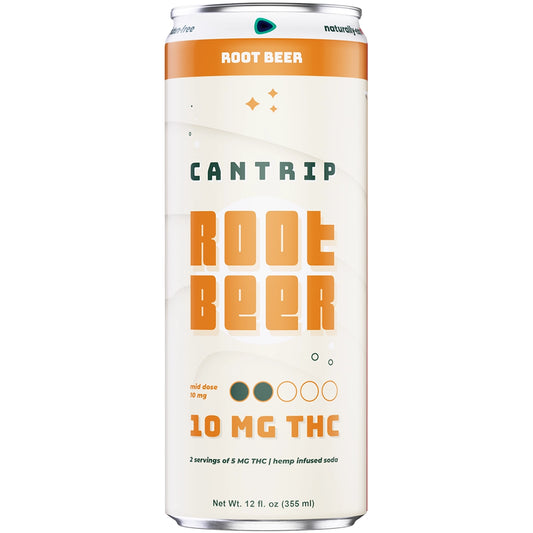 Cantrip Root Beer 10MG THC-infused soda can on a white background