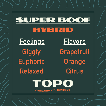 Promotional graphic for TOPO Super Boof Hybrid cannabis product with text on a dark green background.