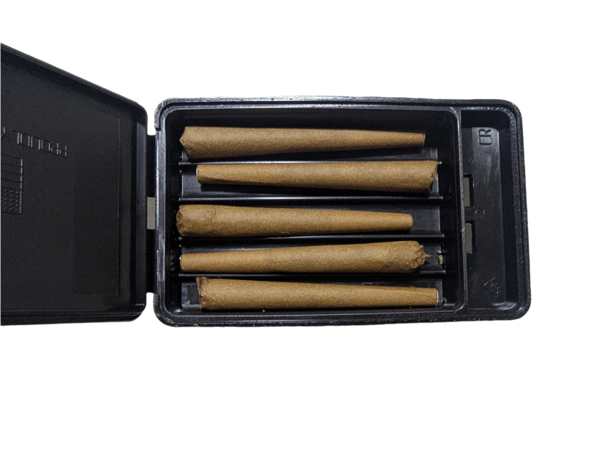 Topo Cannabis Open pre-roll 5-pack black container with rolled joints on a white surface